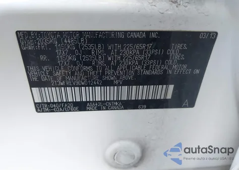 2013 Toyota Rav4 Xle из США, поврежденный, VIN 2T3WFREV9DW012442